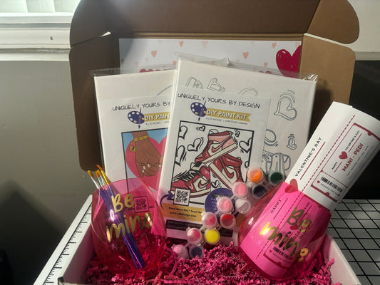 Customizable Valentine’s Paint & Sip Box – Personalized Date Night Kit with Pre-Sketched Canvas, Wine Glasses & Couples Coupons